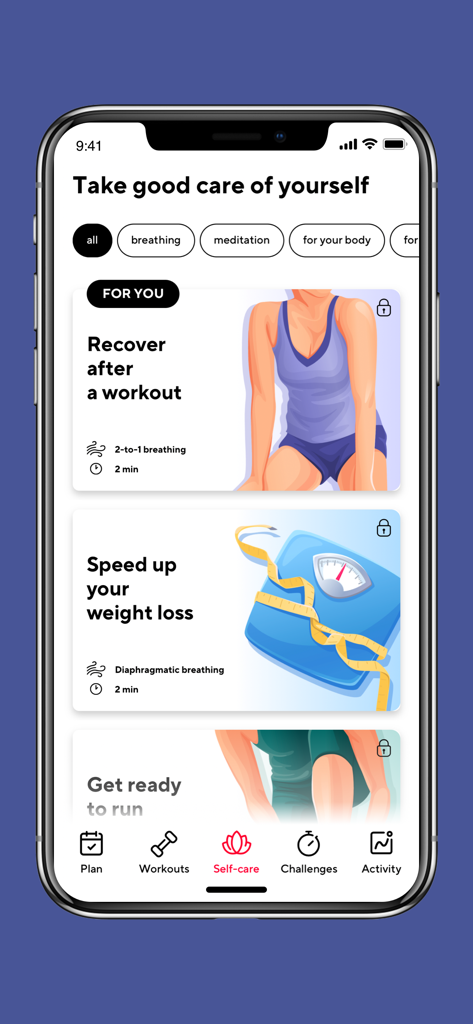 Fitness for Women by Fit & Hot - Self-care screen of the Fitness for Women app showing breathing and recovery exercise options.