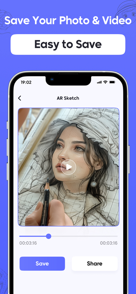 AR Sketch - Trace Anything - AR 스케치 앱 화면이 녹화된 비디오에 대한 저장 및 공유 버튼이 있는 초상화 그림을 보여줍니다.