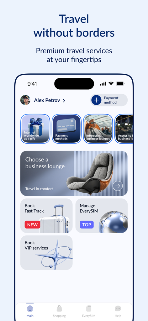 EVERY: business lounges & eSim - EVERYトラベルアプリのメインダッシュボード。ビジネストラウンジ、eSIM、ファストトラック、VIPサービスの予約オプションを表示。