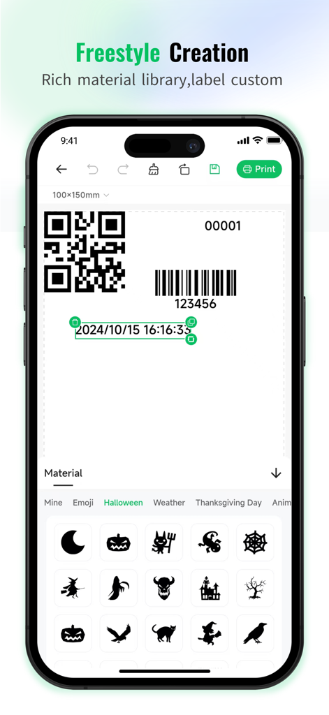 FlashLabel Pro mobile app interface for freestyle label creation featuring QR codes, barcodes, and a library of graphic icons.