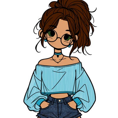 girl with a messy ponytail glasses a baggy crop top and jean shorts