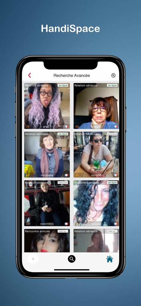HandiSpace - Dating & Chat - HandiSpace Dating-App-Oberfläche, die Benutzerprofile in der erweiterten Suche anzeigt.