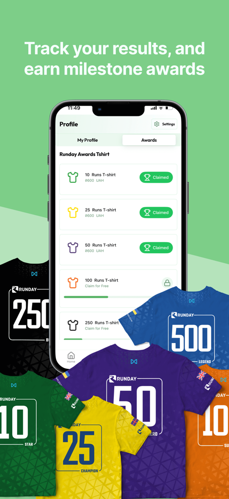 Una pantalla de smartphone que muestra premios de hitos de Runday y camisetas coloridas por logros en carreras