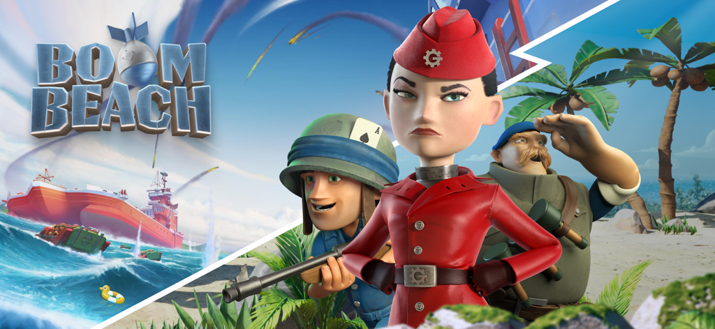 Personajes de Boom Beach frente a una escena de invasión de una isla tropical
