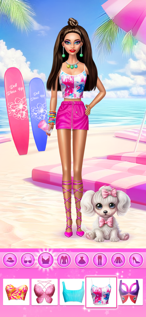Doll Dress Up: Dream House - A stylish doll in a pink skirt and colorful crop top standing on a beach with a white puppy