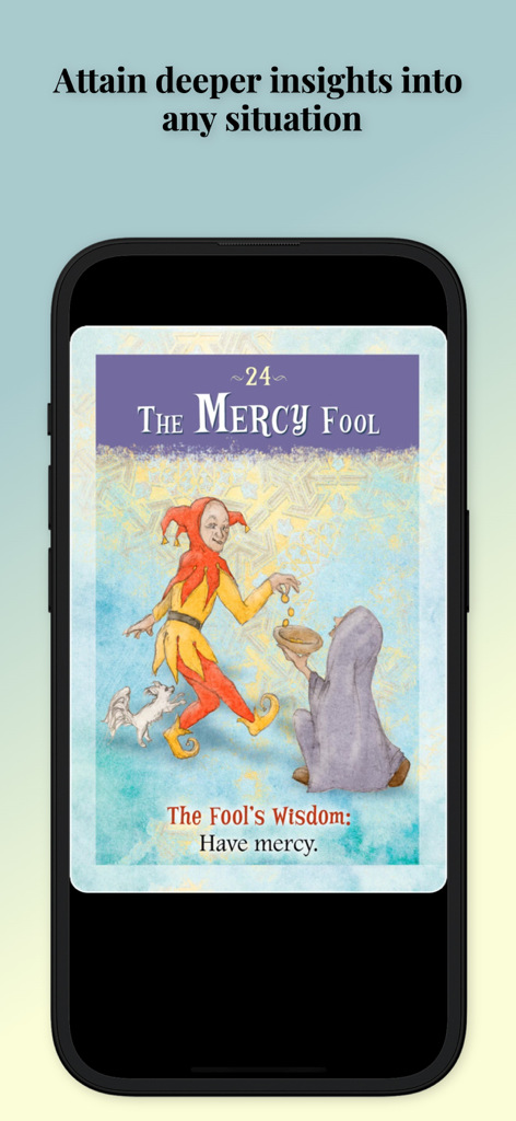 The Mercy Fool oracle card from the spiritual growth app on a mobile device screen