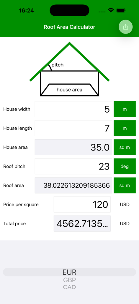 Interface of the Roof Area Calculator app showing input fields for dimensions and total price calculation