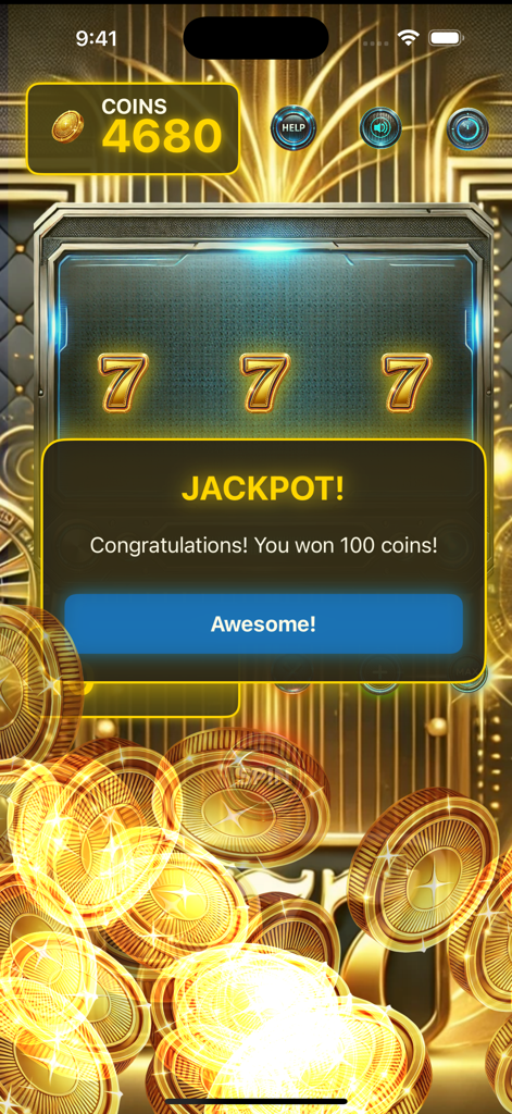 A futuristic jackpot win screen in ReelFusion showing lucky seven symbols and exploding golden coins.