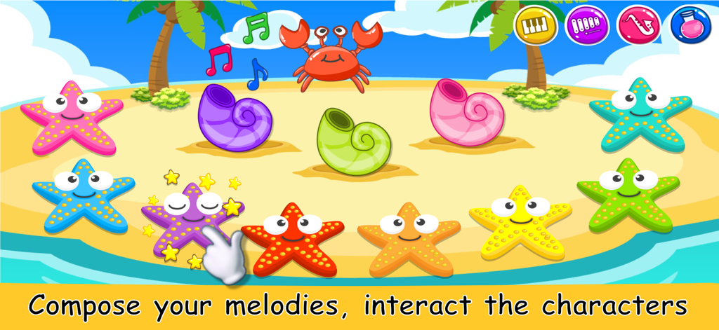 Jogo musical interativo para crianças com estrelas-do-mar coloridas e instrumentos em uma praia.