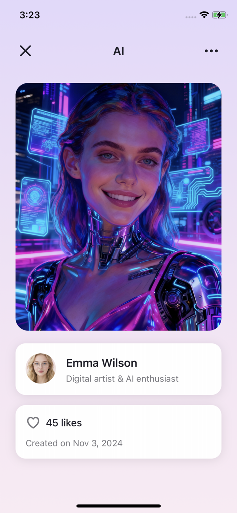 Myna - AI Art & Community - Retrato cyberpunk generado por IA de una mujer compartido por Emma Wilson en la aplicación Myna