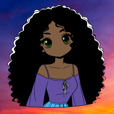 a black anime girl with long afro hair