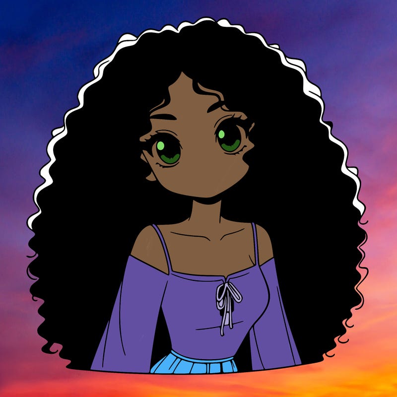 a black anime girl with long afro hair