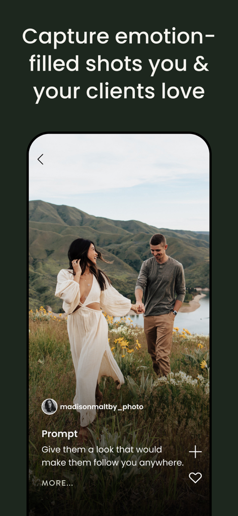 UNSCRIPTED Photography Poses - Oberfläche der Unscripted-Fotografie-App mit einem Lifestyle-Posing-Prompt für ein Paar