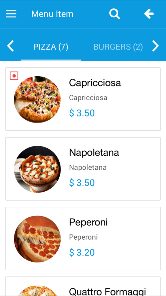 A digital restaurant menu on a smartphone screen showing pizza varieties with images and prices.