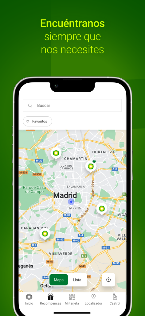 miBP ofertas y puntos gasolina - Map view of the miBP app showing various BP gas station locations in Madrid