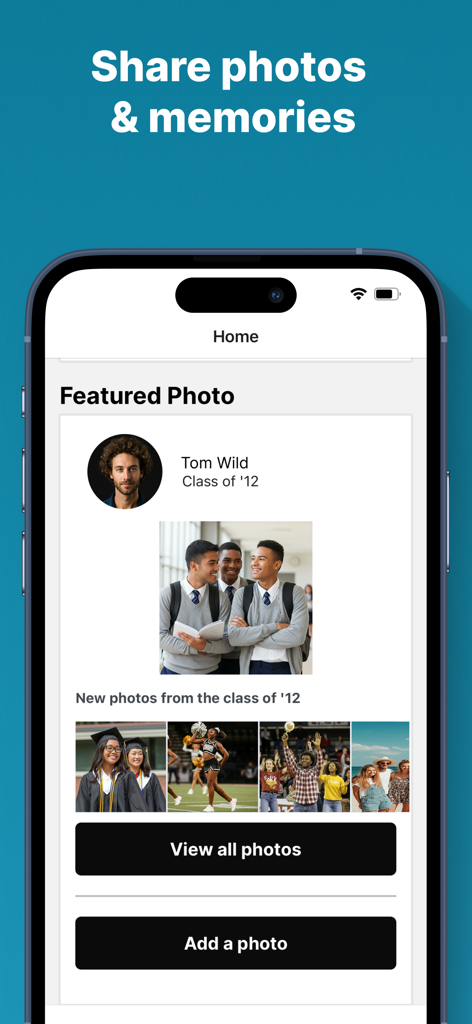 Classmates™ Mobile App - A mobile interface of the Classmates app showing a featured photo and a gallery of nostalgic school memories