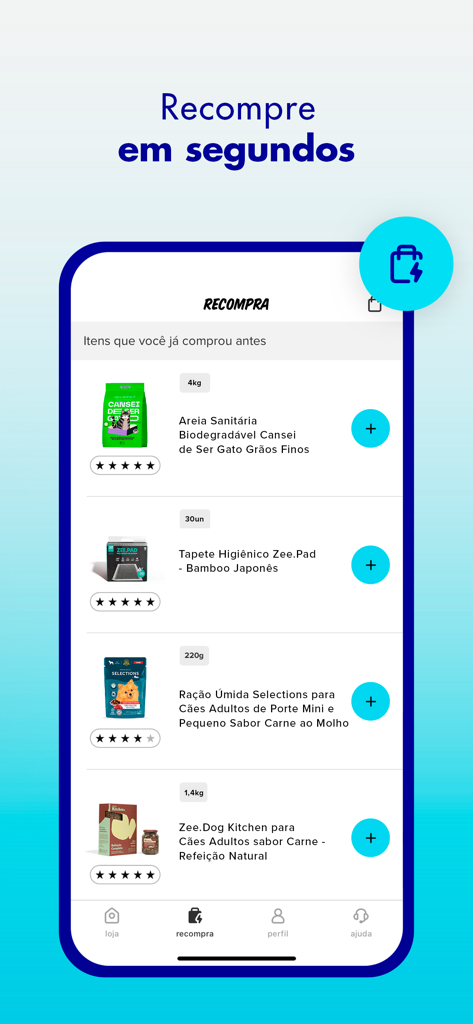 Zee.Now - Pet Shop Delivery - Zee Now app interface showing a list of pet products for quick reordering like cat litter and dog food