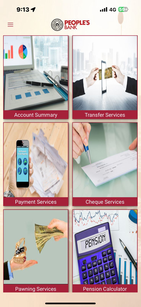 People’s Wave - Peoples Wave app interface displaying banking services like account summary transfers and pawning