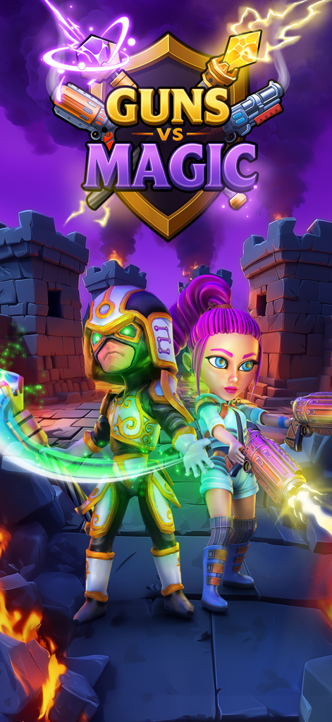 Guns vs Magic - Battle RPG - Guns vs Magic Battle RPGのプロモーションアート。魔法の杖とディーゼルパンクの銃を持つ2人のメインキャラクターが暗い要塞を前にしている。