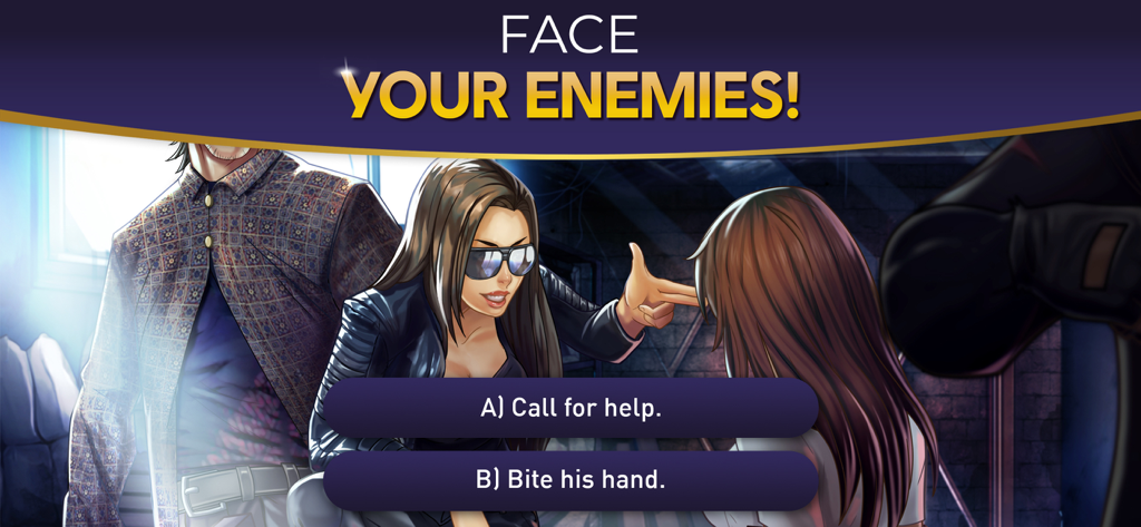 A tense interactive scene in Is It Love? Matt where the player must choose how to face their enemies.