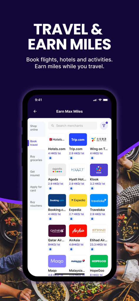 HeyMax: Buy Vouchers Get Miles - A smartphone showing the HeyMax app interface with travel booking partners like Hotels.com and Qatar Airways to earn rewards miles.