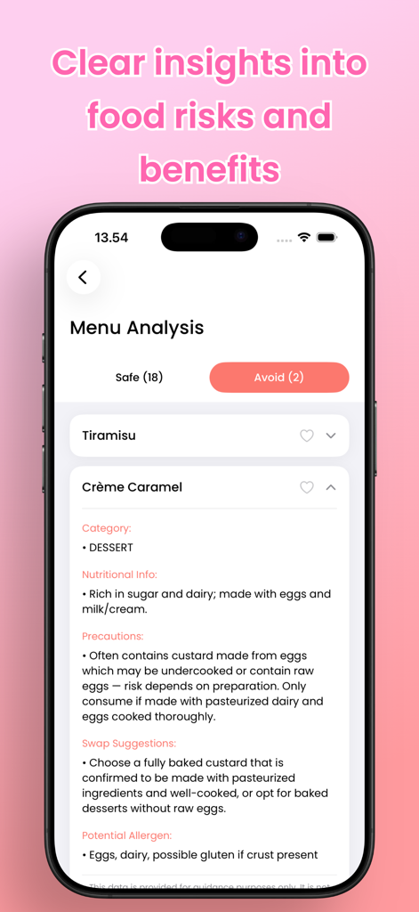 Pregnancy Food Buddy – AI Scan - Menu analysis screen in Pregnancy Food Buddy app showing food risks and nutritional insights for expectant mothers.