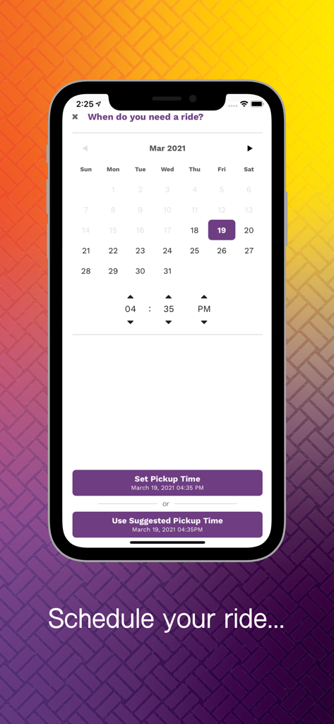 holoholo Mobility - holoholo Mobility app interface for scheduling a ride with a calendar and time picker