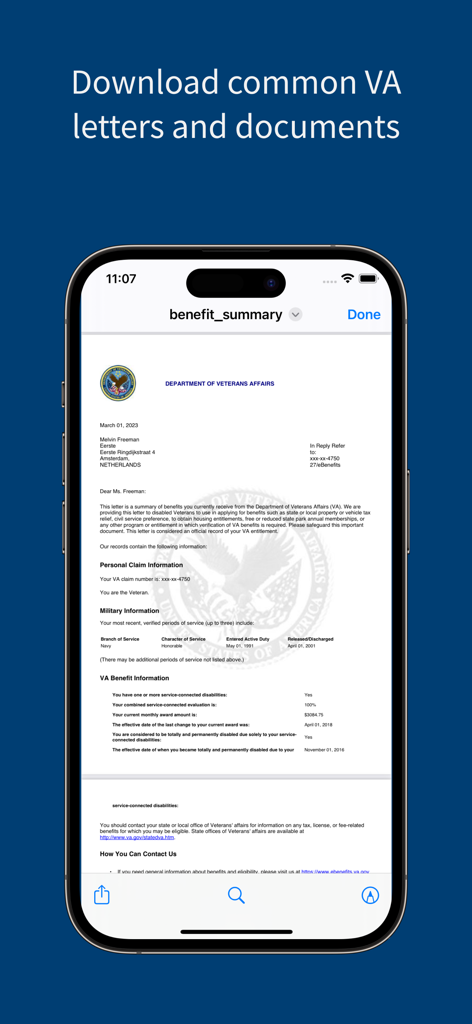 Ein Mobiltelefonbildschirm, der ein VA-Leistungszusammenfassungsdokument innerhalb der VA Health and Benefits App anzeigt