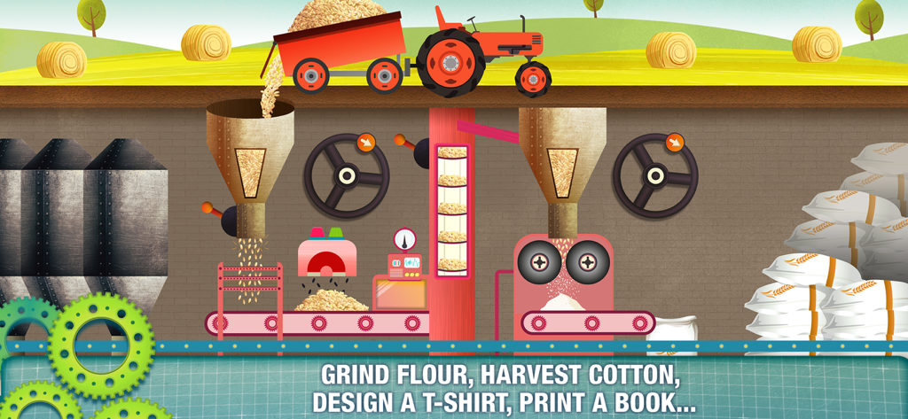 Educational factory game screen showing grain being ground into flour