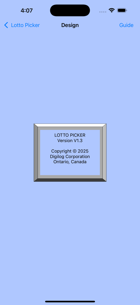 버전 V1.3 및 Digilog Corporation의 저작권이 표시된 LottoPicker 앱 정보 화면입니다.