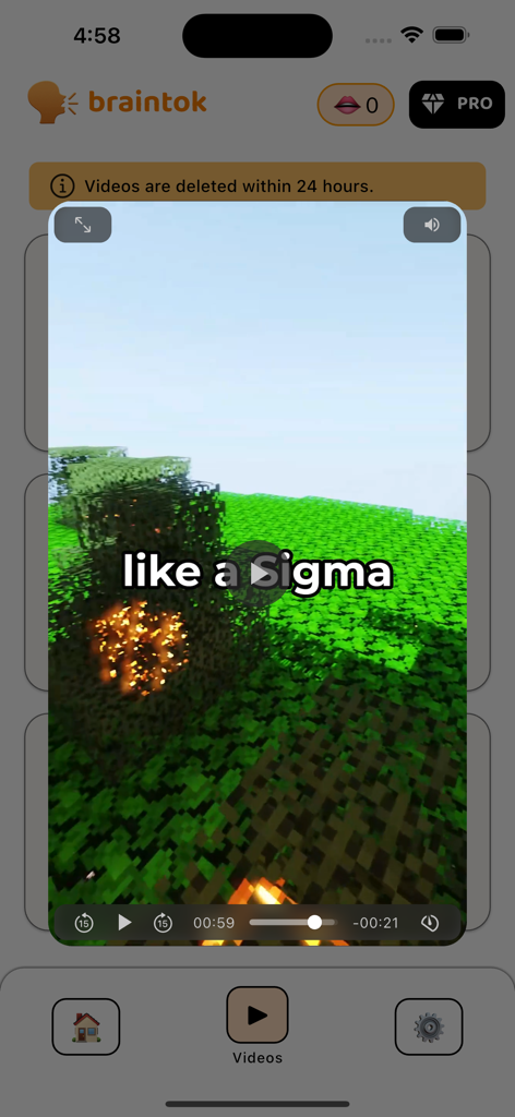 Brainrot Study Video: Braintok - Braintok app interface showing a study video with Minecraft gameplay and text overlay
