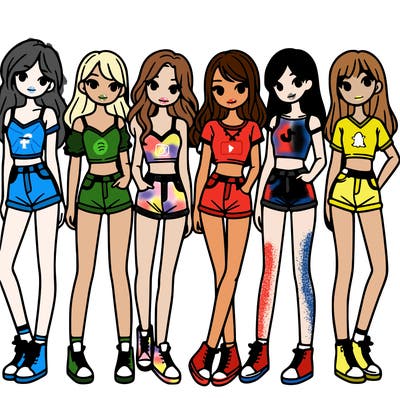 a group of girls wearing crop tops and shorts