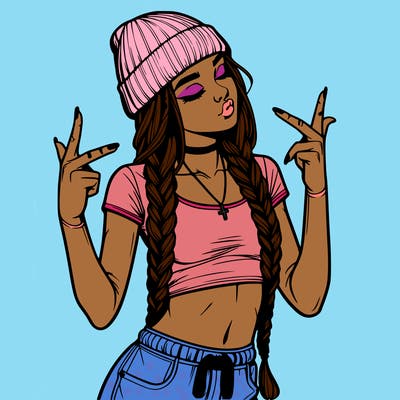 realistic teenage girl with braids and a beanie and crop top doing 🫶🏼