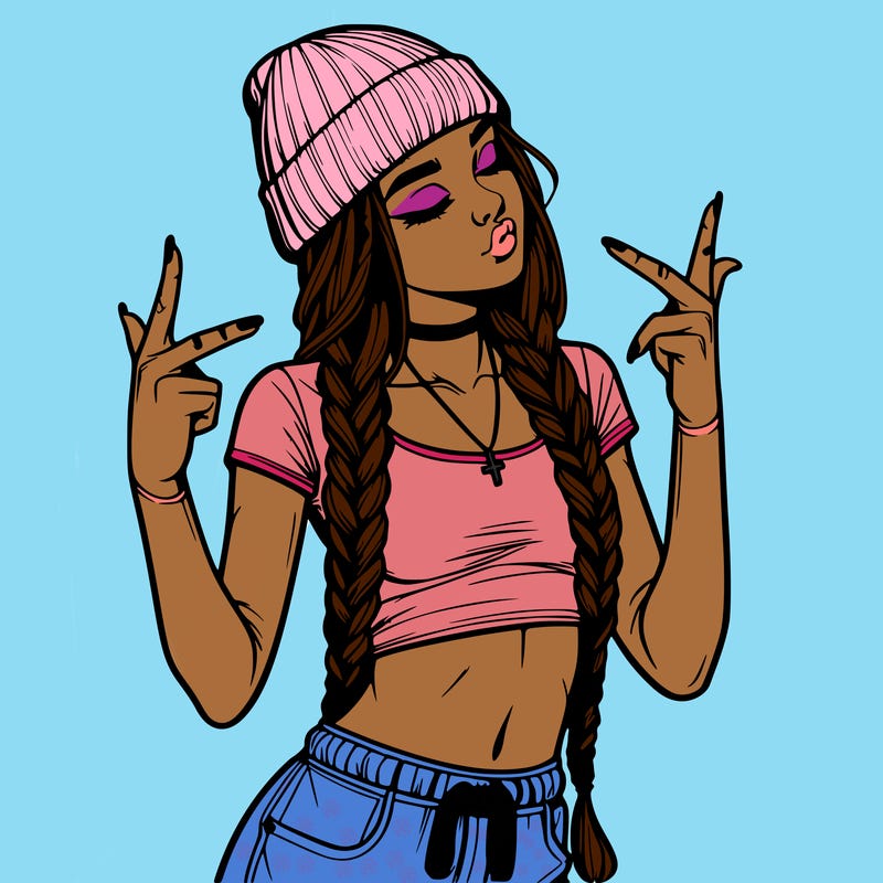 realistic teenage girl with braids and a beanie and crop top doing 🫶🏼
