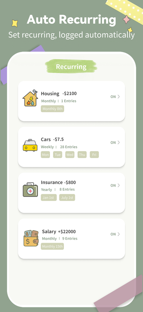 SmileBudget - SmileBudgetアプリのインターフェース。支出と収入の自動定期取引を表示しています。