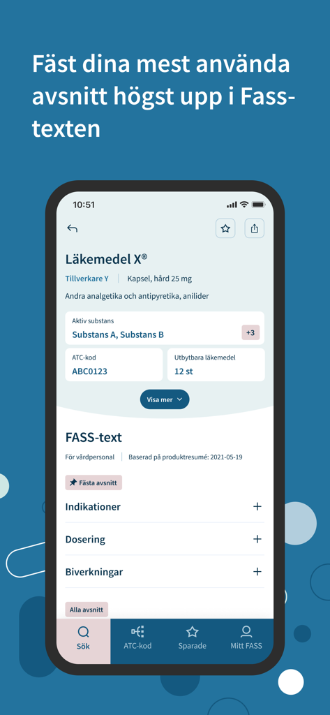 Fass Vård - Fass Vard app interface showing drug information and the feature to pin sections to the top
