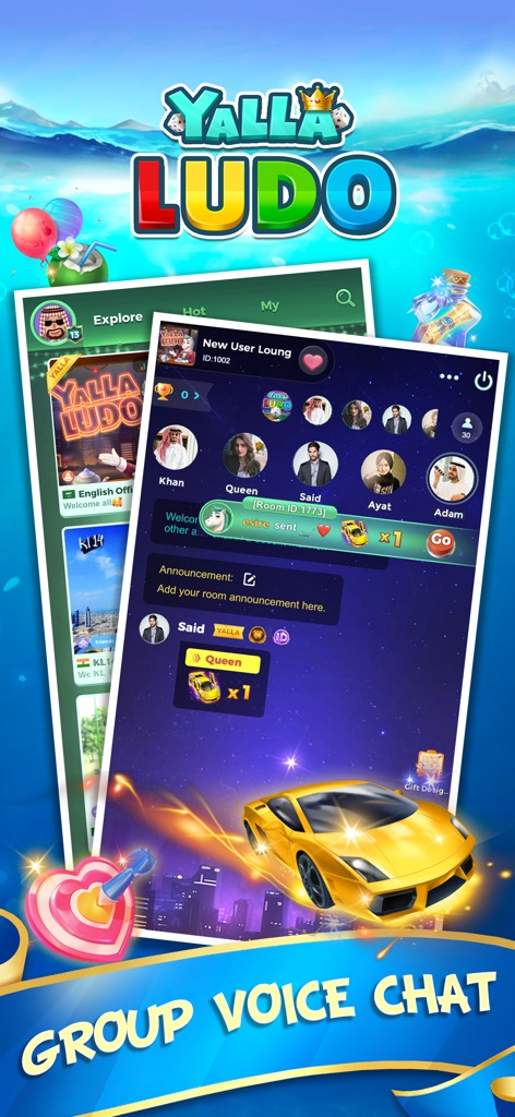Interface of Yalla Ludo group voice chat room showing user profiles and digital gifts