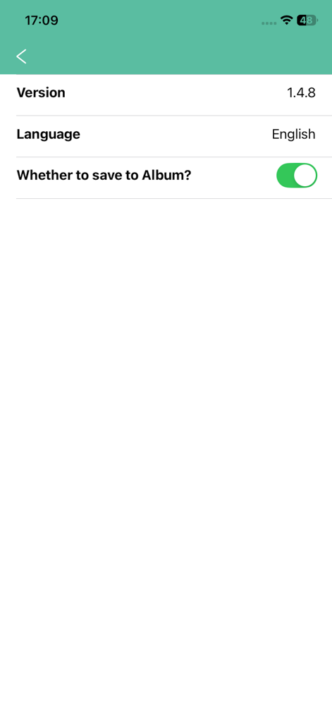 i-Camera - Pantalla de configuración de la aplicación i-Camera mostrando el número de versión, la selección de idioma y el interruptor para guardar imágenes en el álbum de fotos