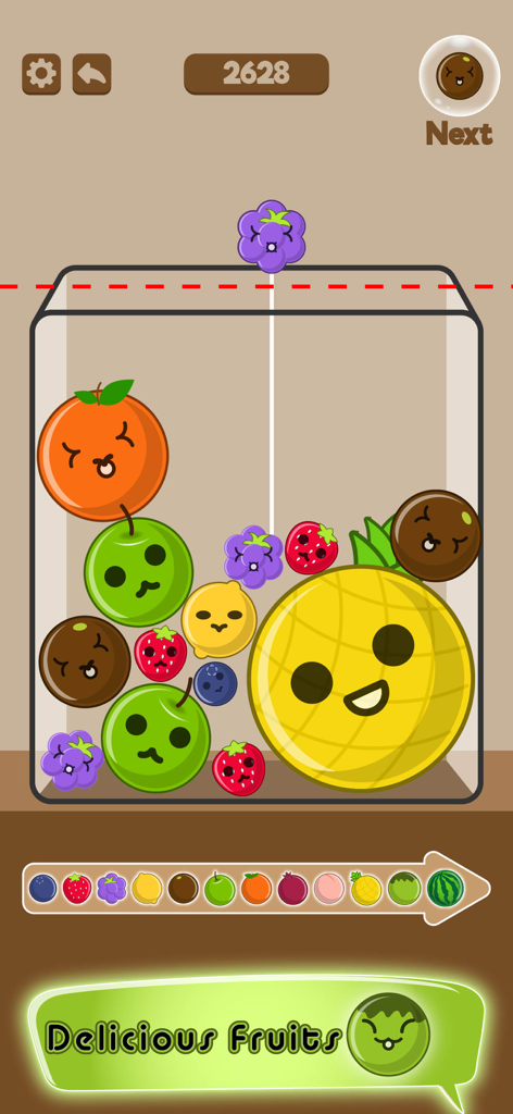 Merge Watermelon & Fruit Game - Gameplay screenshot of Merge Watermelon and Fruit Game showing cute anthropomorphic fruits being merged in a container