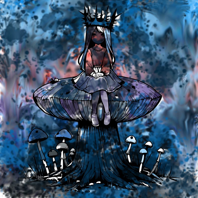 realistic girl sitting on a huge tree stump size toadstool with thorn crown