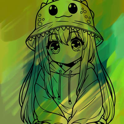 girl with anime shaped eyes with a dinosaur bucket hat oversized sweatshirt long straight hair