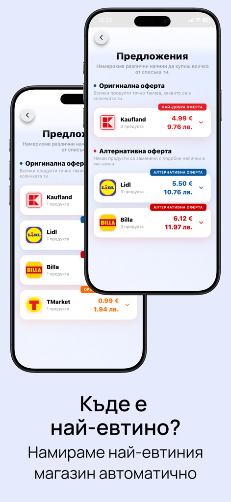 ПромоМания - Pantalla de la aplicación PromoMania que muestra comparaciones de precios de comestibles para tiendas como Lidl y Kaufland