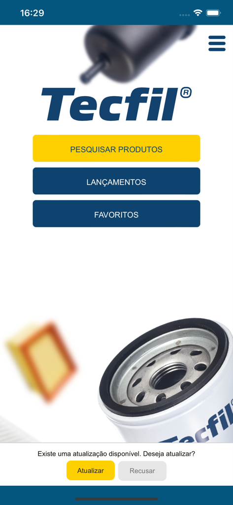 Tecfilアプリのホーム画面。製品検索、新着、お気に入りボタンが表示されています。