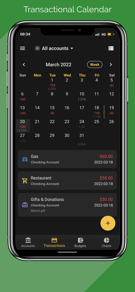 Miza: Budget & Expense Tracker - Miza app interface showing a monthly transactional calendar with daily expenses and balance forecasting