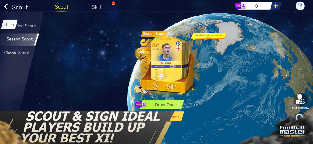 Scouting interface in Football Master-Soccer Legend showing player cards and a global map for signing new athletes.