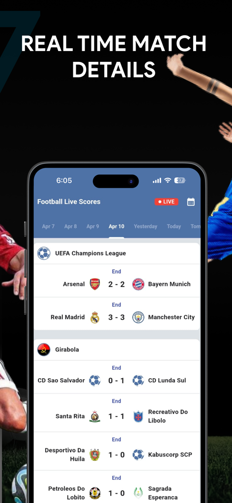 Interfaz de una aplicación móvil que muestra resultados de fútbol en tiempo real para partidos de la UEFA Champions League