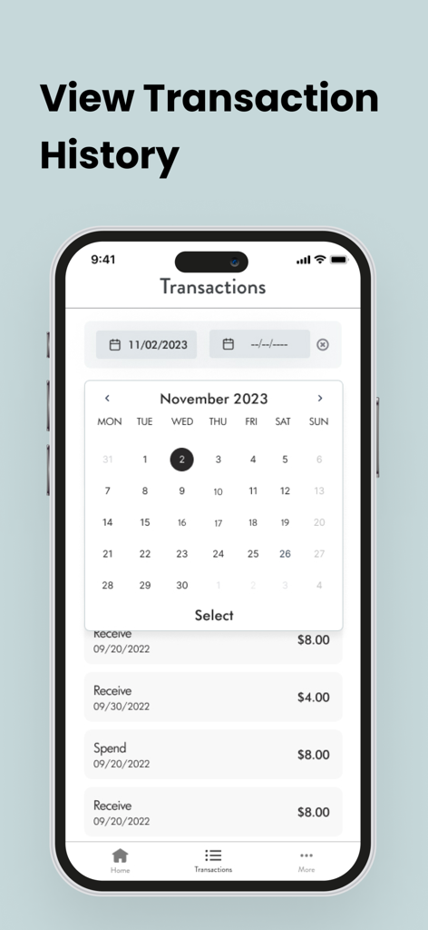 MyPaymentVault app screenshot showing a list of recent transactions and a calendar date picker for filtering history