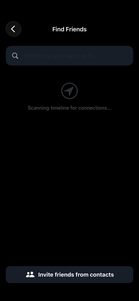 TimeCapsules - Interface do aplicativo TimeCapsules para procurar amigos por nome de usuário e convidar contatos.