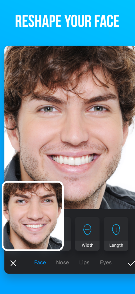 Man Editor: Slim & Skinny Body - Interfaz de la aplicación Man Editor con herramientas de remodelación facial mostrando ajustes de ancho y largo para un retrato masculino