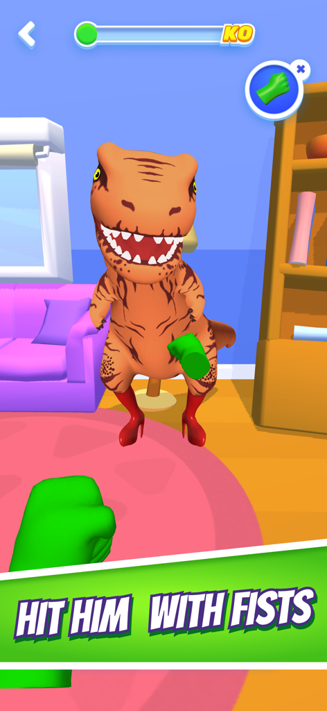 A green fist punching a cartoon T-Rex wearing red high heels in a living room setting from Kick Monster.
